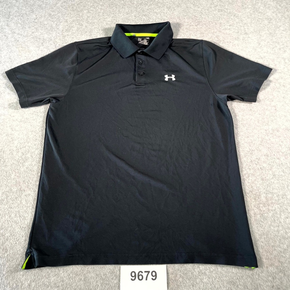 Under Armour Heatgear Polo Shirt Mens Large Black Stretch Side Slit Collared